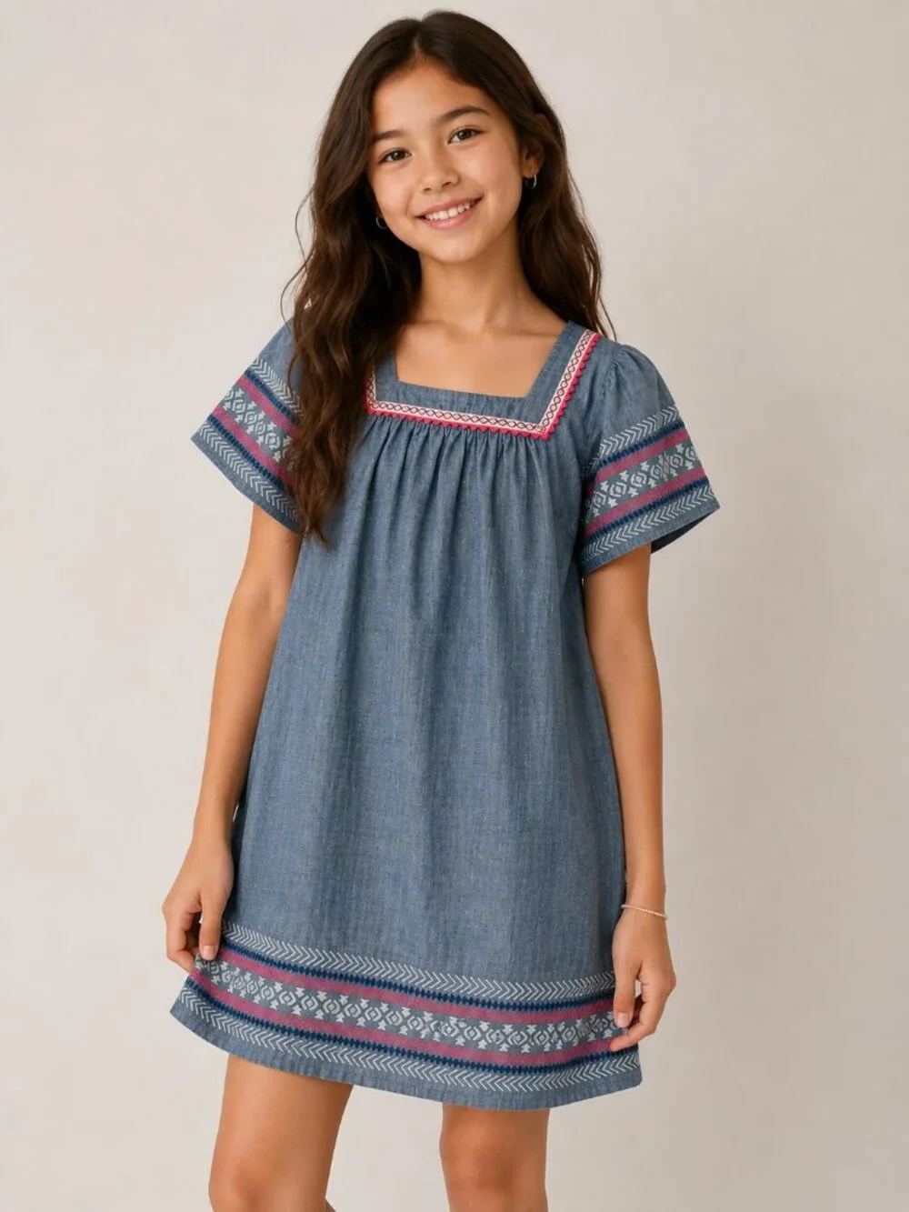 Girls XL 14/16 Chambray Embroidered Peasant Dress Blue Boho Cotton Short Sleeve